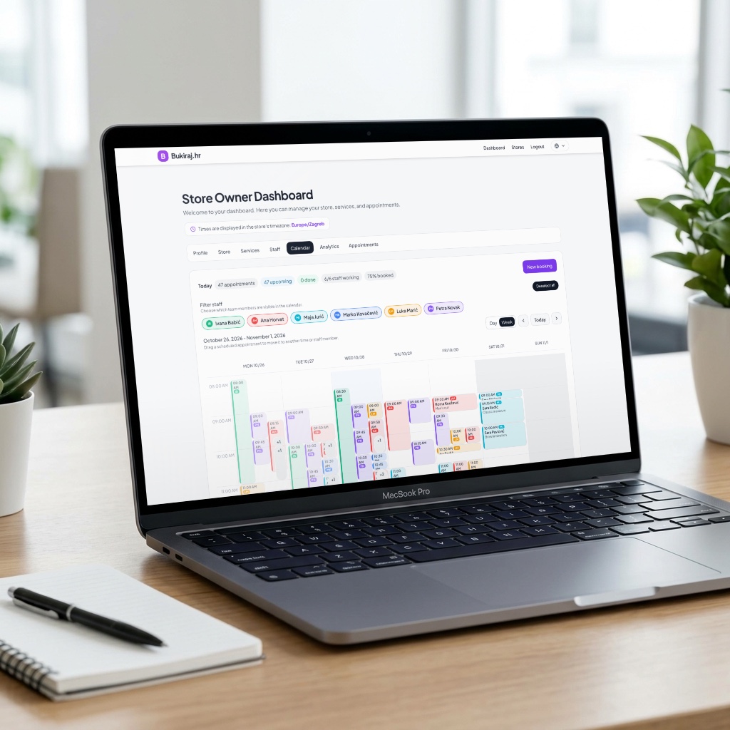 Appointment Booking SaaS: the store owner calendar with a week of appointments on a laptop