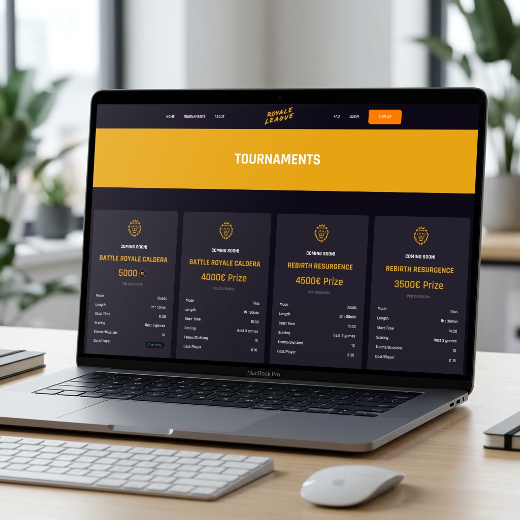 Tournament Registration Platform: tournament cards with prize, mode, length and entry fee on a laptop
